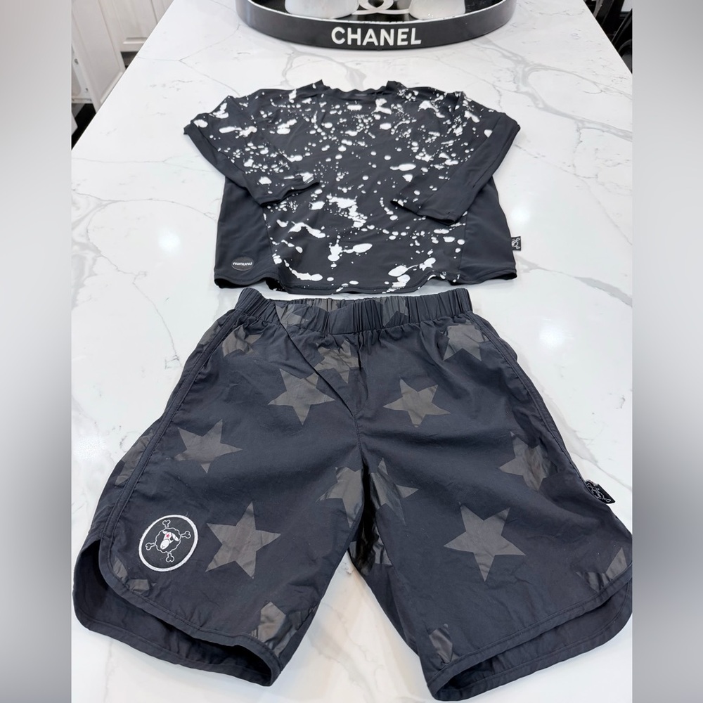 nununu Black Star Mesh Lined Swim Shorts with Rash Guard Top Bundle